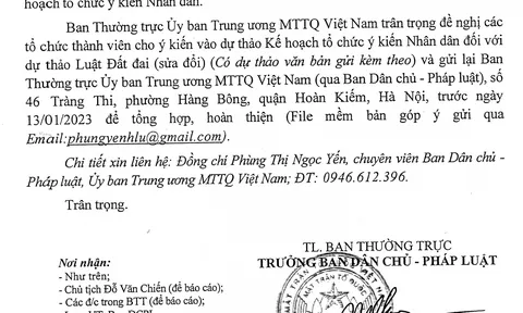 Đề nghị các đơn vị thông báo cho cán bộ, công nhân viên để nghiên cứu, tham gia đóng góp ý kiến sửa đổi Luật Đất đai.